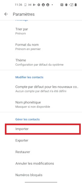 Importer des contacts depuis la carte SIM