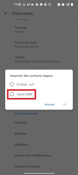 Importer des contacts depuis la carte SIM