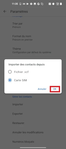 Importer des contacts depuis la carte SIM