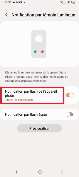 Configurer un témoin lumineux sur le flash du Samsung ?