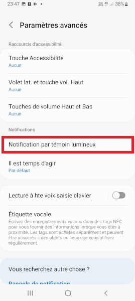 Configurer un témoin lumineux sur le flash du Samsung ?