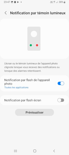 Configurer un témoin lumineux sur le flash du Samsung ?
