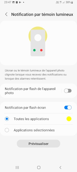 Configurer un flash écran pour notification du Samsung ?
