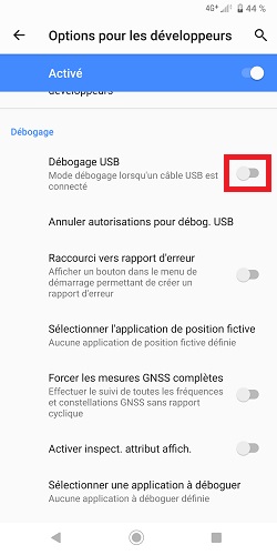 Activation du débogage USB