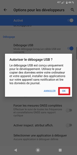 Activation du débogage USB