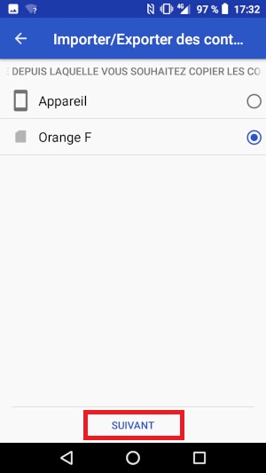 Importer contacts depuis la SIM vers le téléphone.