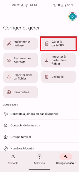 Importer les contacts depuis une carte SIM