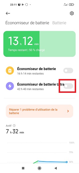Activer le mode économiseur de batterie ultra.