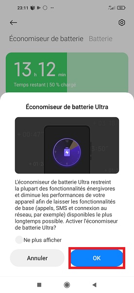 Activer le mode économiseur de batterie ultra.