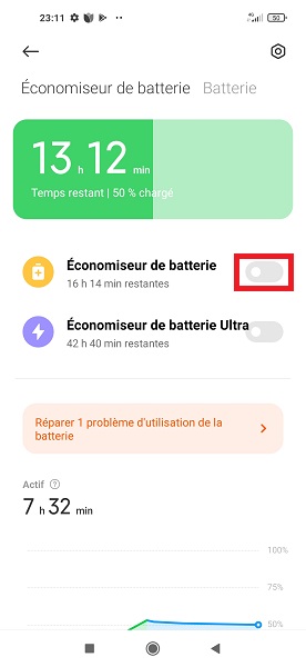 Activer le mode économiseur de batterie Xiaomi.