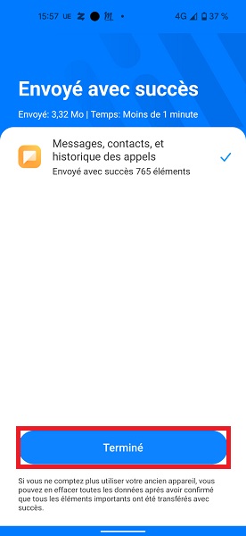 Démarrer le transfert des données :