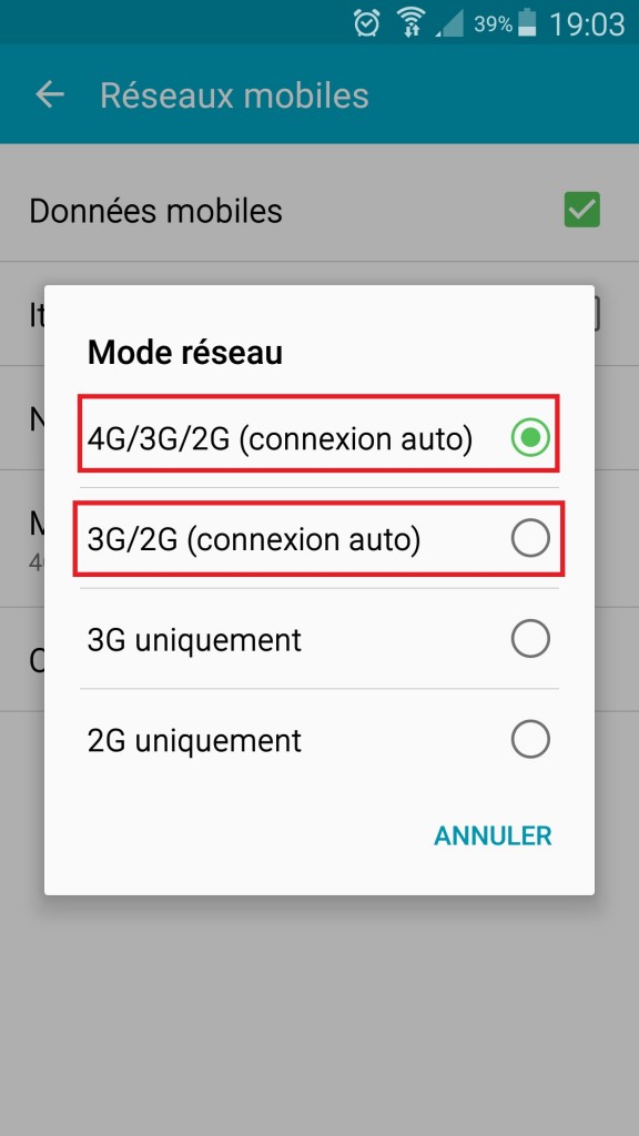 internet Samsung android 5 . x menu mode reseau selection