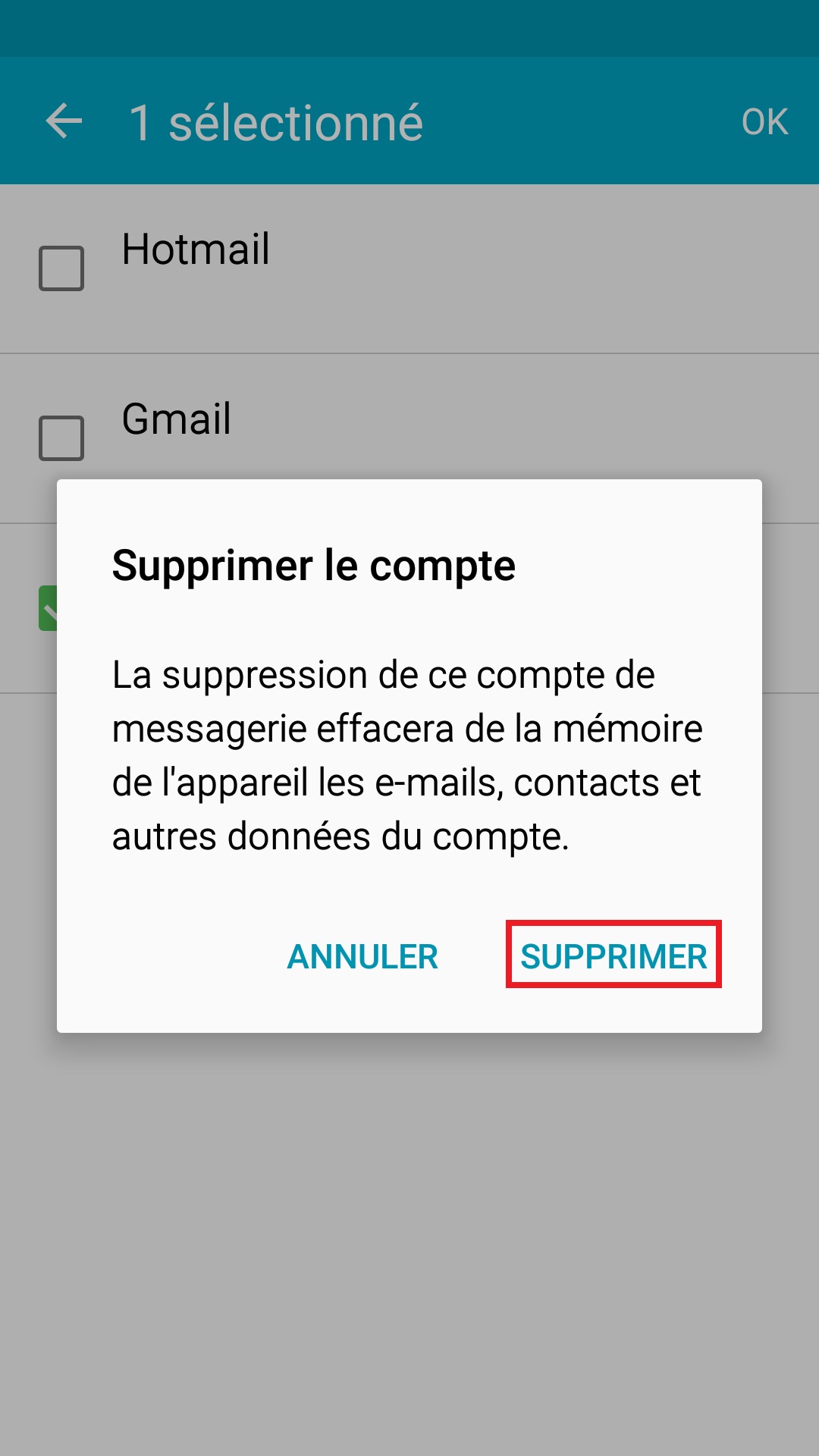 mail Samsung config mail gérer les comptes supprimer confirmer