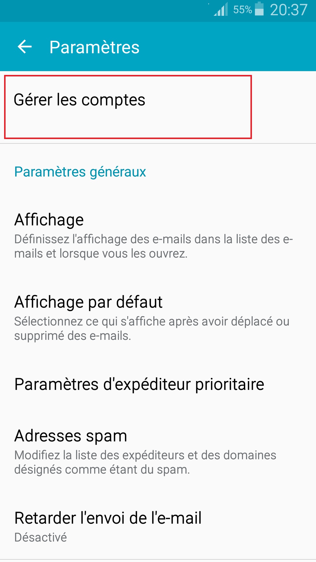 mail Samsung config mail gerer les comptes