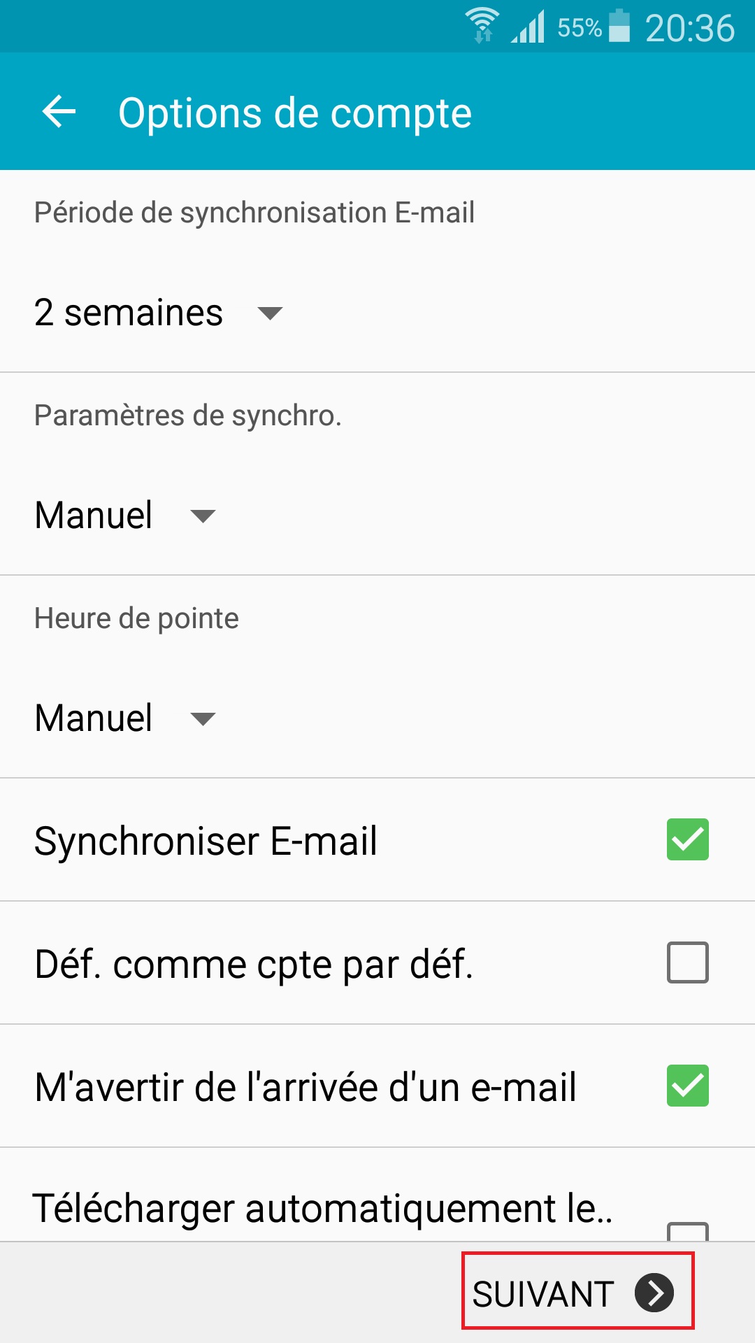 mail Samsung config mail option de compte