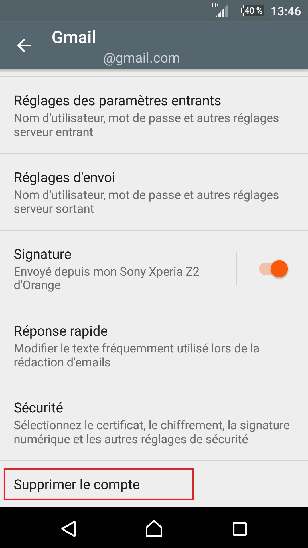 mail Sony android 5.1 suppression compte