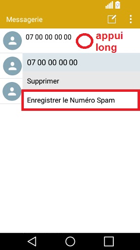 SMS LG android 5 . 1-message appui long spam