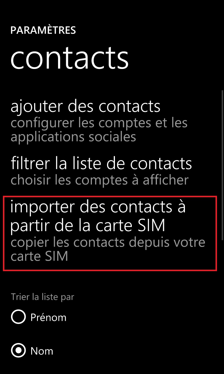 contact code pin ecran verrouillage Lumia windows 8.1 contact importation