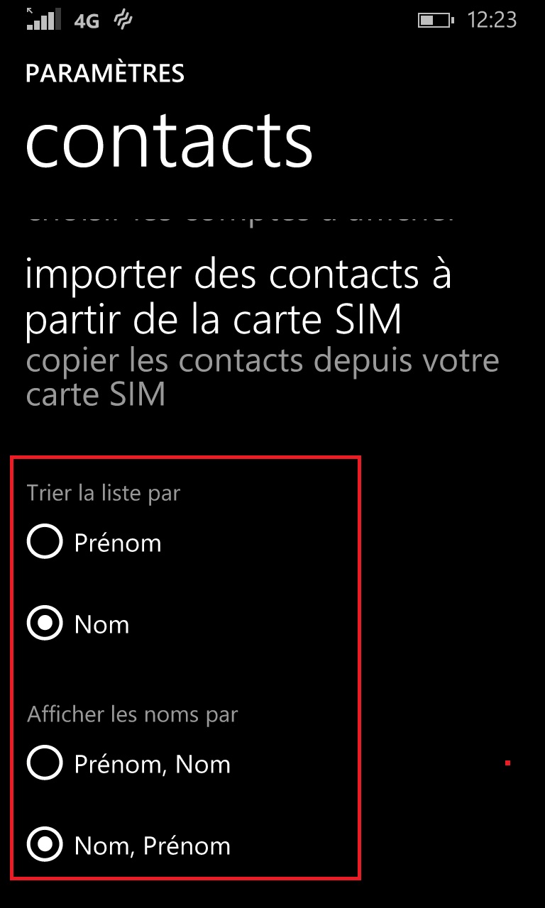 contact code pin ecran verrouillage Lumia windows 8.1 contact nom prénom