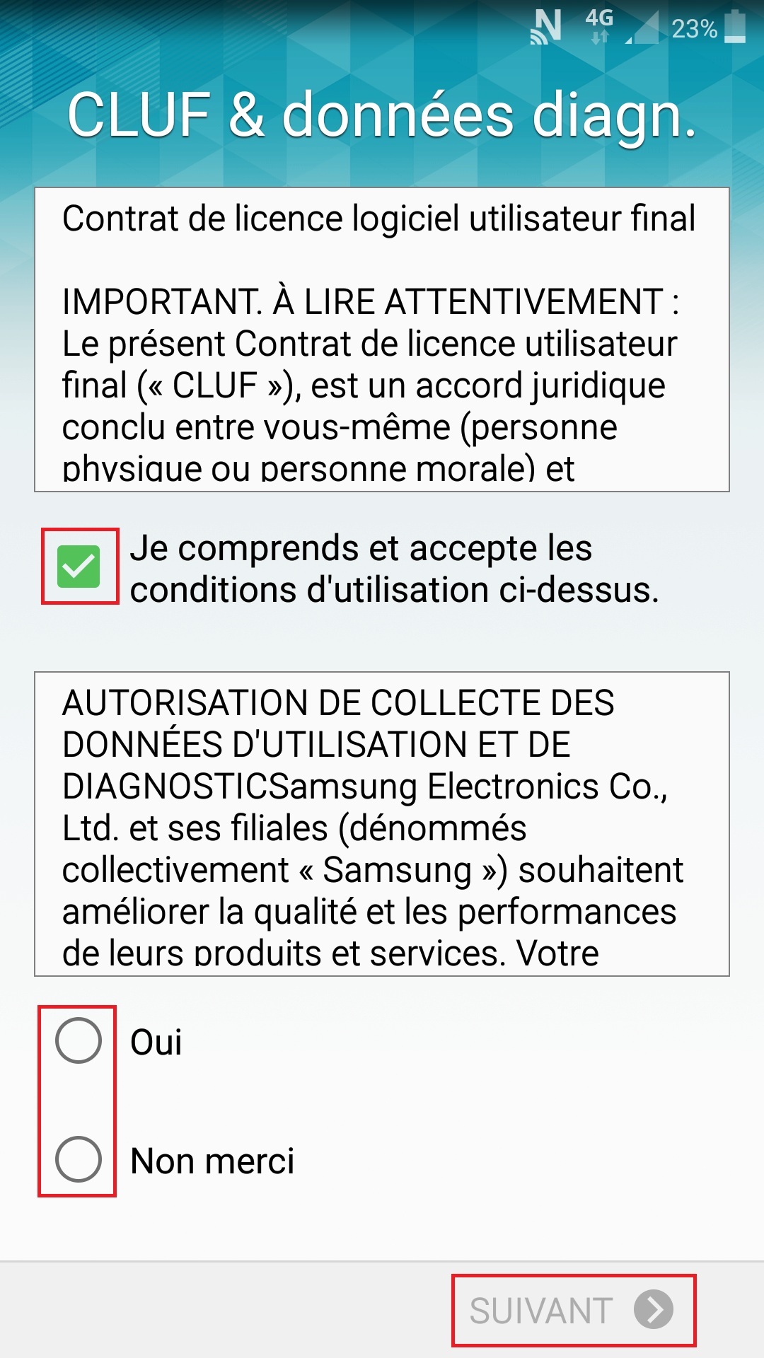 Activation Samsung mise en route condition