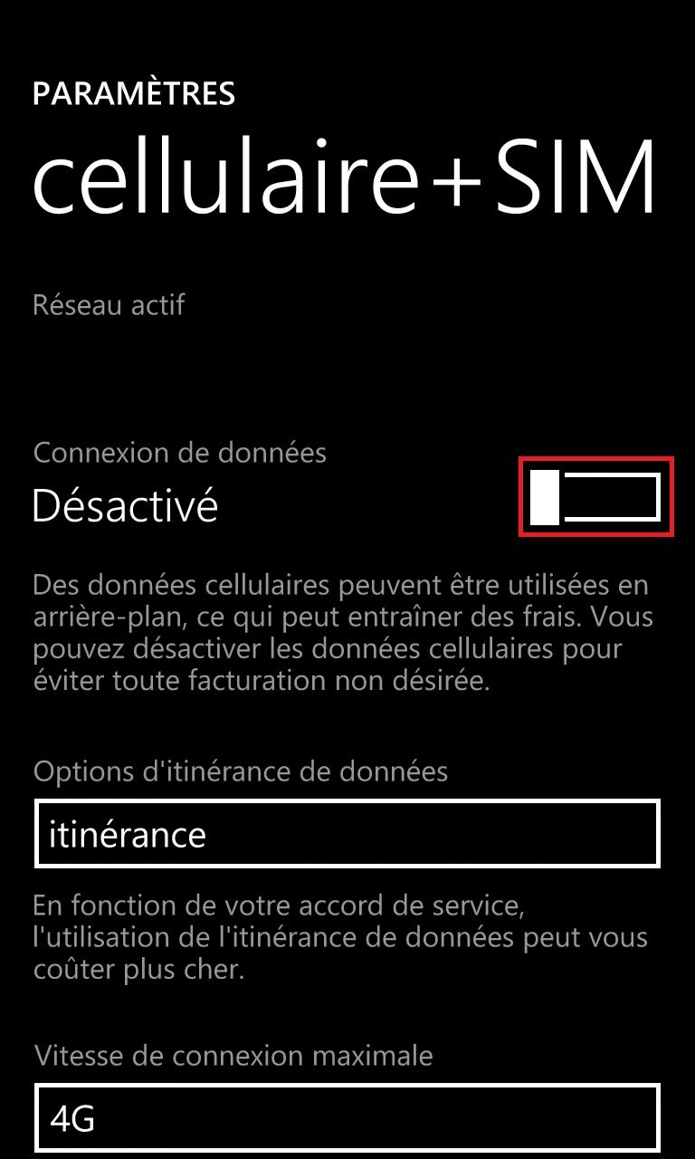 MMS Lumia windows 8.1 connexion données desactiver