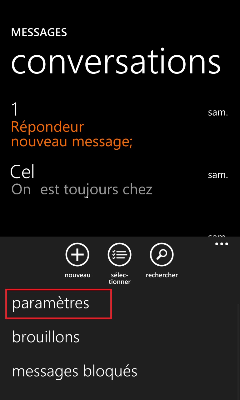 SMS Lumia windows 8.1 messages parametres