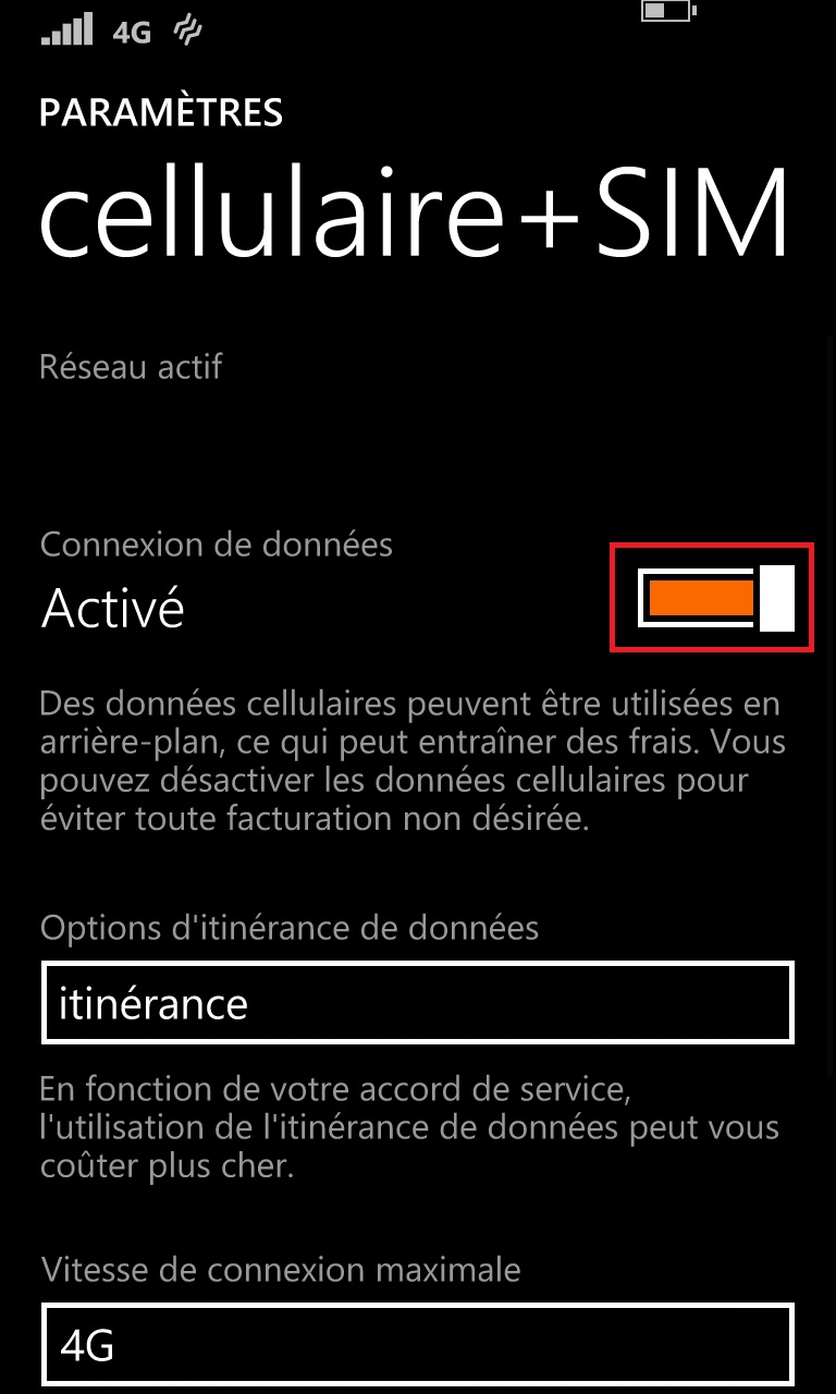 Lumia 10 parametre connexion donnees