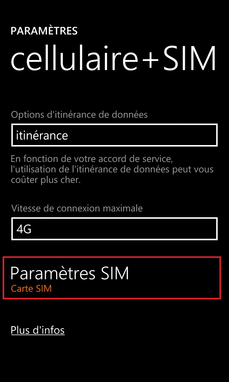 Internet Lumia windows 8.1 parametres sim