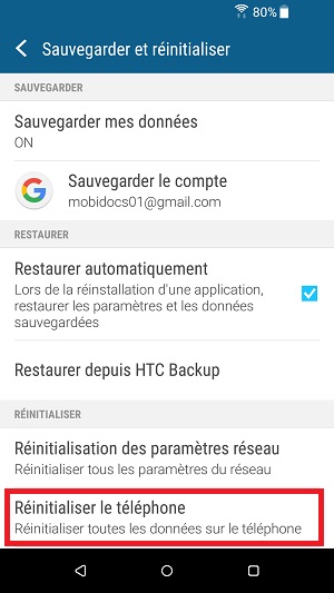 HTC android 7 réintialiser