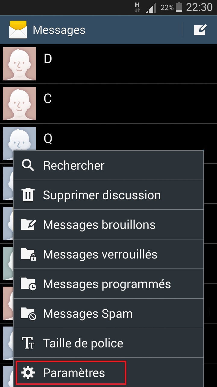 SMS Samsung android 4 message parametre