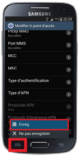 MMS Samsung touche-menu APN
