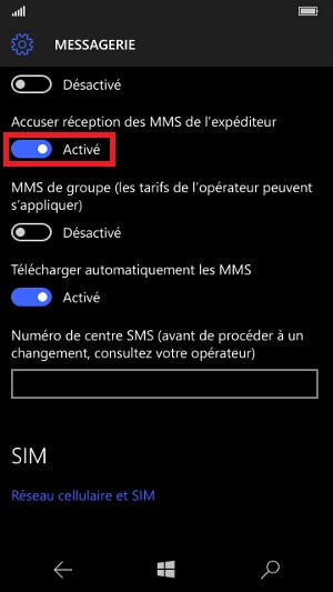 MMS Lumia Windows 10 accusé de reception