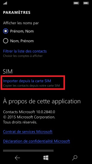 contact code pin ecran verrouillage Microsoft Nokia Lumia (Windows 10) importer contact SIM