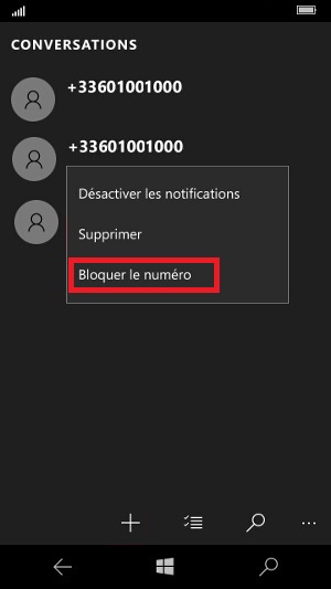 SMS Microsoft Lumia Windows 10 conversations bloquer le numero