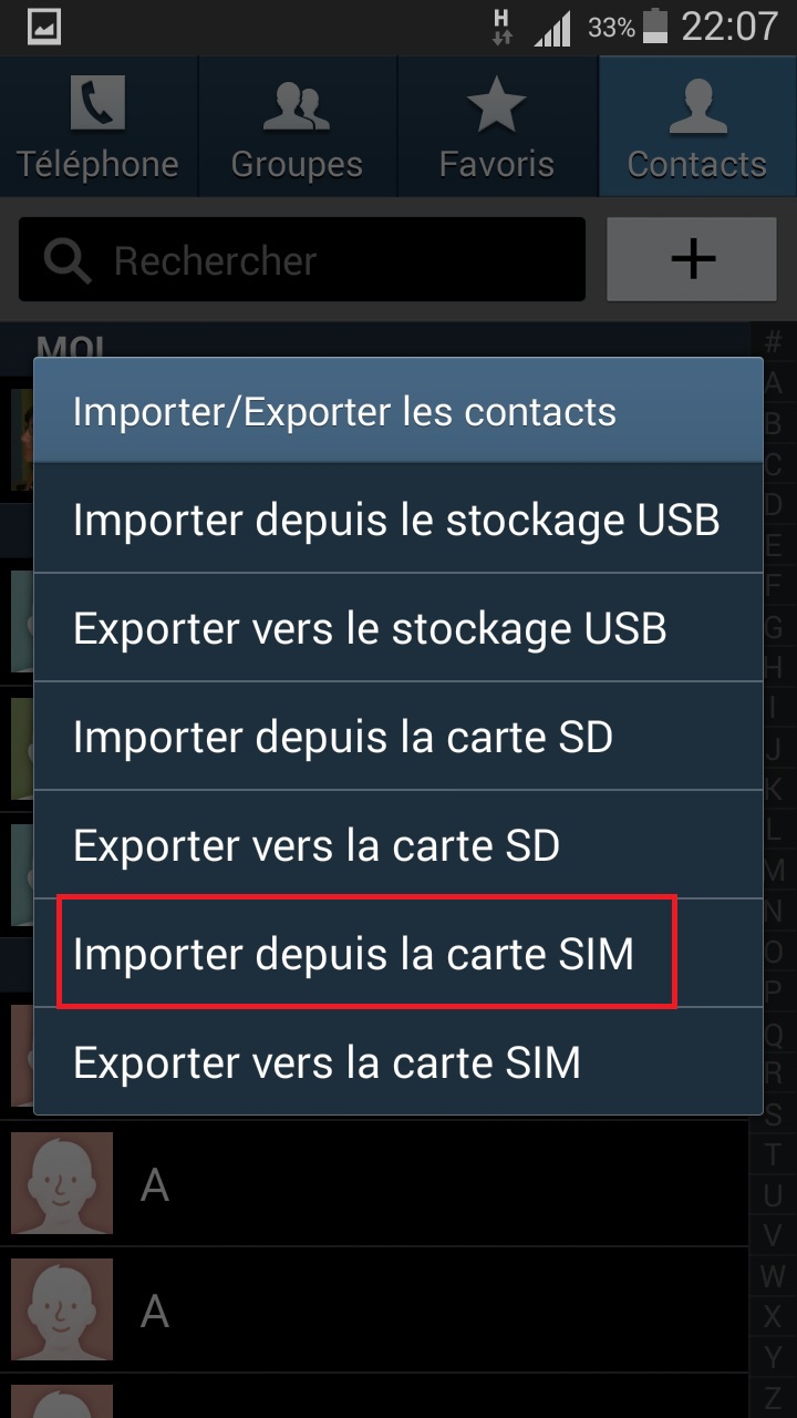 contact code pin ecran verrouillage Samsung (android 4.4) contact importer SIM vers tél