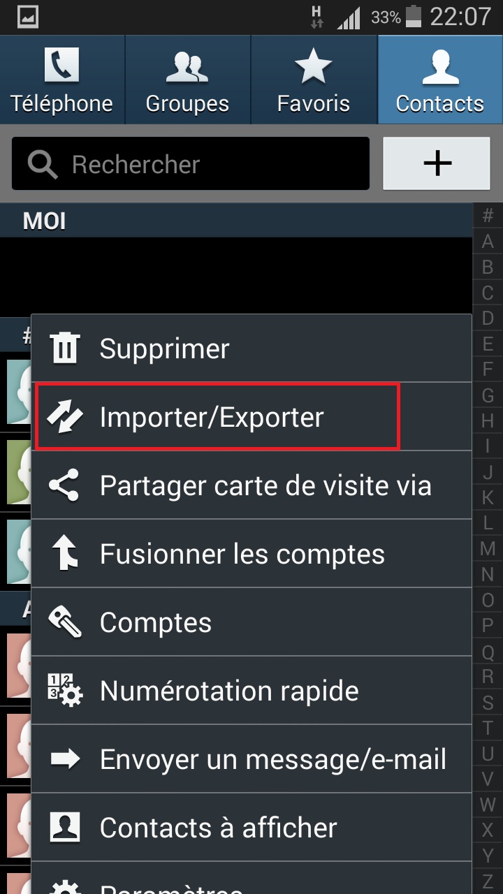 contact code pin ecran verrouillage Samsung (android 4.4) contact importer exporter