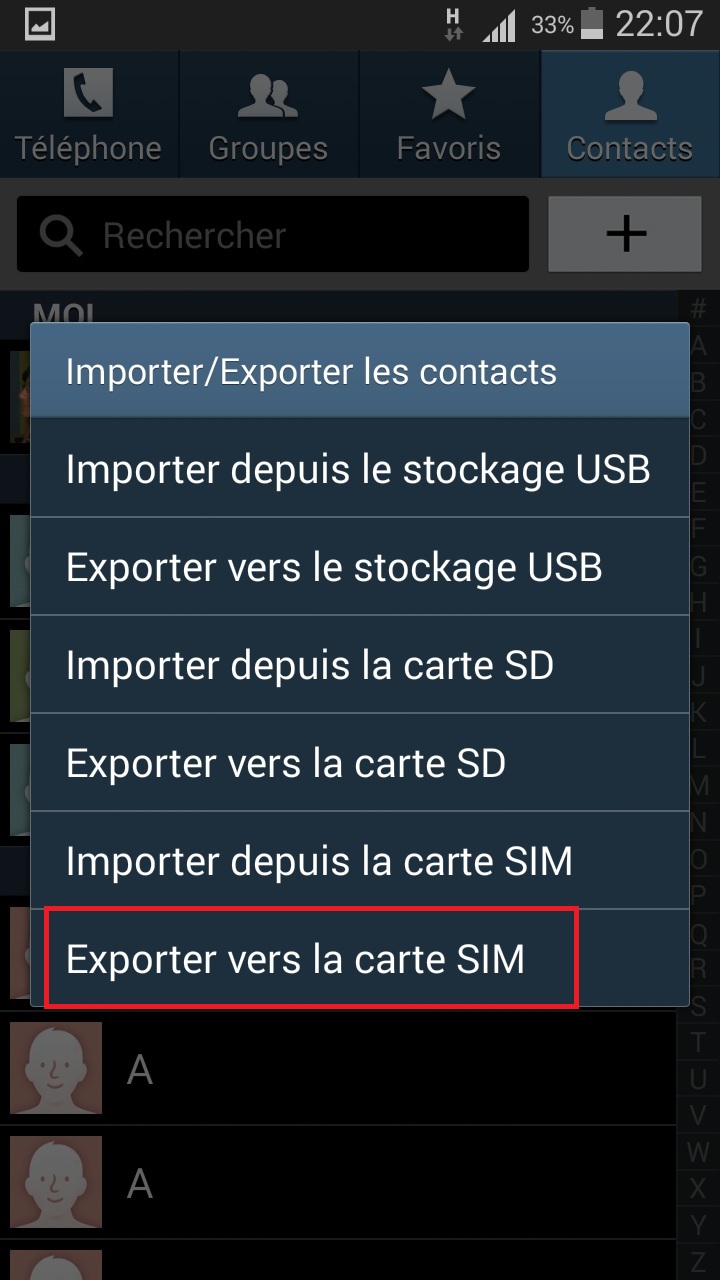 contact code pin ecran verrouillage Samsung (android 4.4) contact importer tel vers SIM
