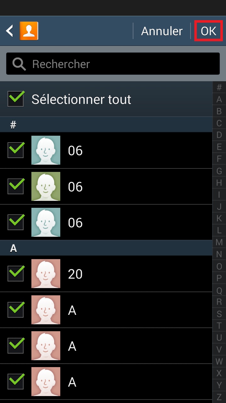 contact code pin ecran verrouillage Samsung (android 4.4) contact selection OK