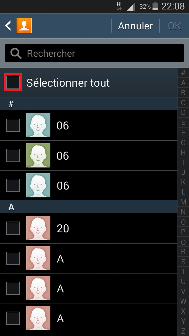contact code pin ecran verrouillage Samsung (android 4.4) contact selection