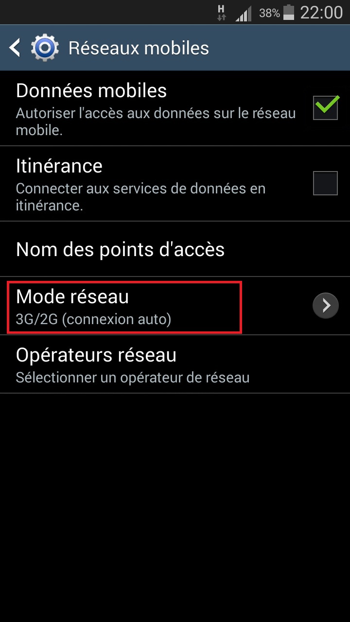 internet Samsung android 4 mode reseau