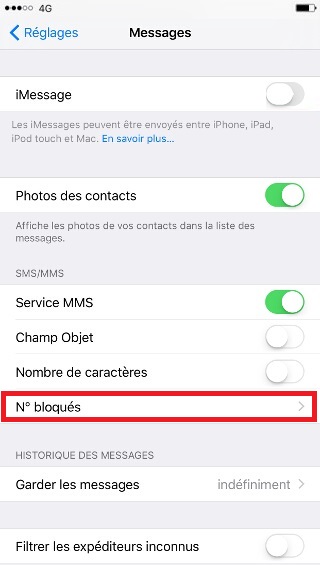 SMS iMessages iPhone 6 6S plus SE numéro bloqués