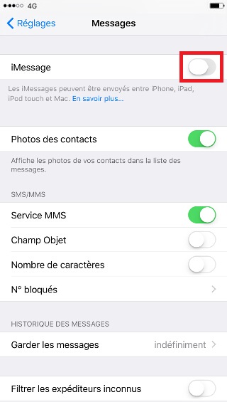 SMS iMessages iPhone 6 6S plus SE désactivé