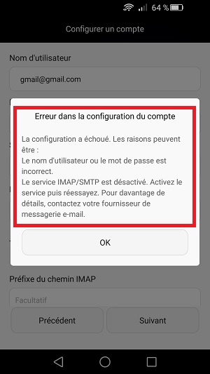 mail Huawei message erreur
