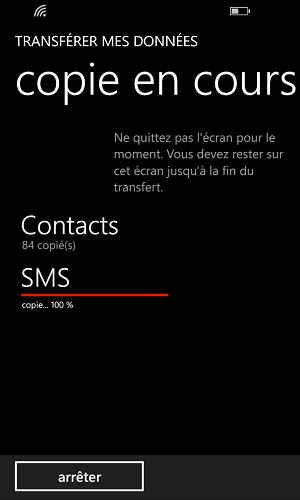Transférer ses données Lumia copie en cours