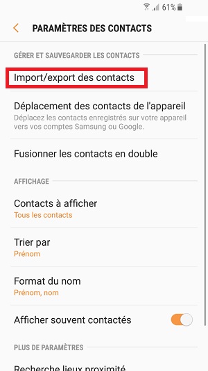 contact code pin ecran verrouillage Samsung (android 7.0) import/export contacts