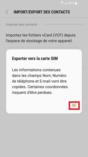 contact code pin ecran verrouillage Samsung (android 7.0) exporter vers la carte SIM