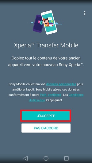 Xperia Transfer Mobile accepte