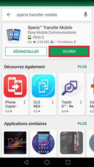 Xperia Transfer Mobile application ouvrir