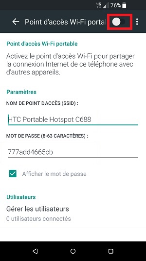 internet HTC android 7 partage connexion
