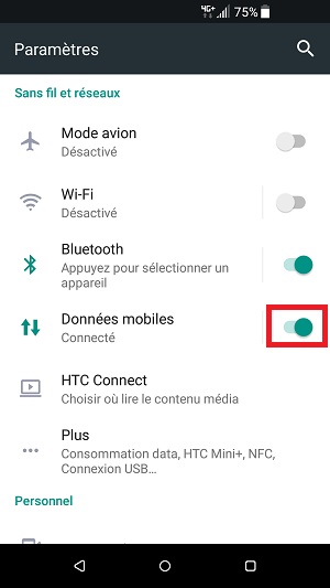internet HTC android 7 données mobiles